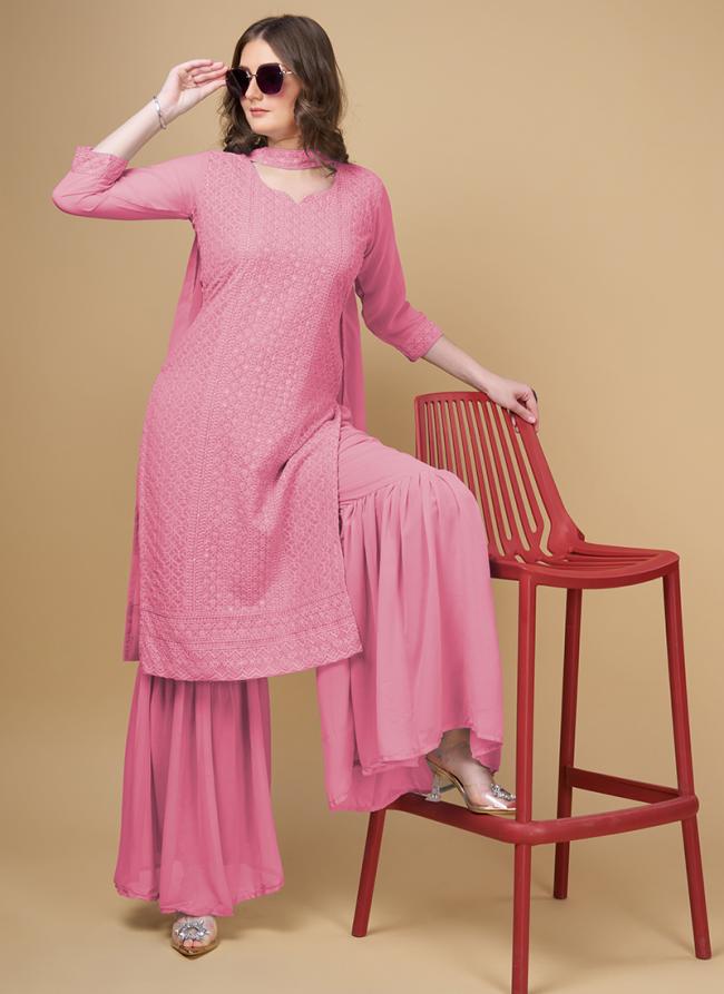 Faux Georgette Pink Festival Wear Schiffli Work Readymade Sharara Suit